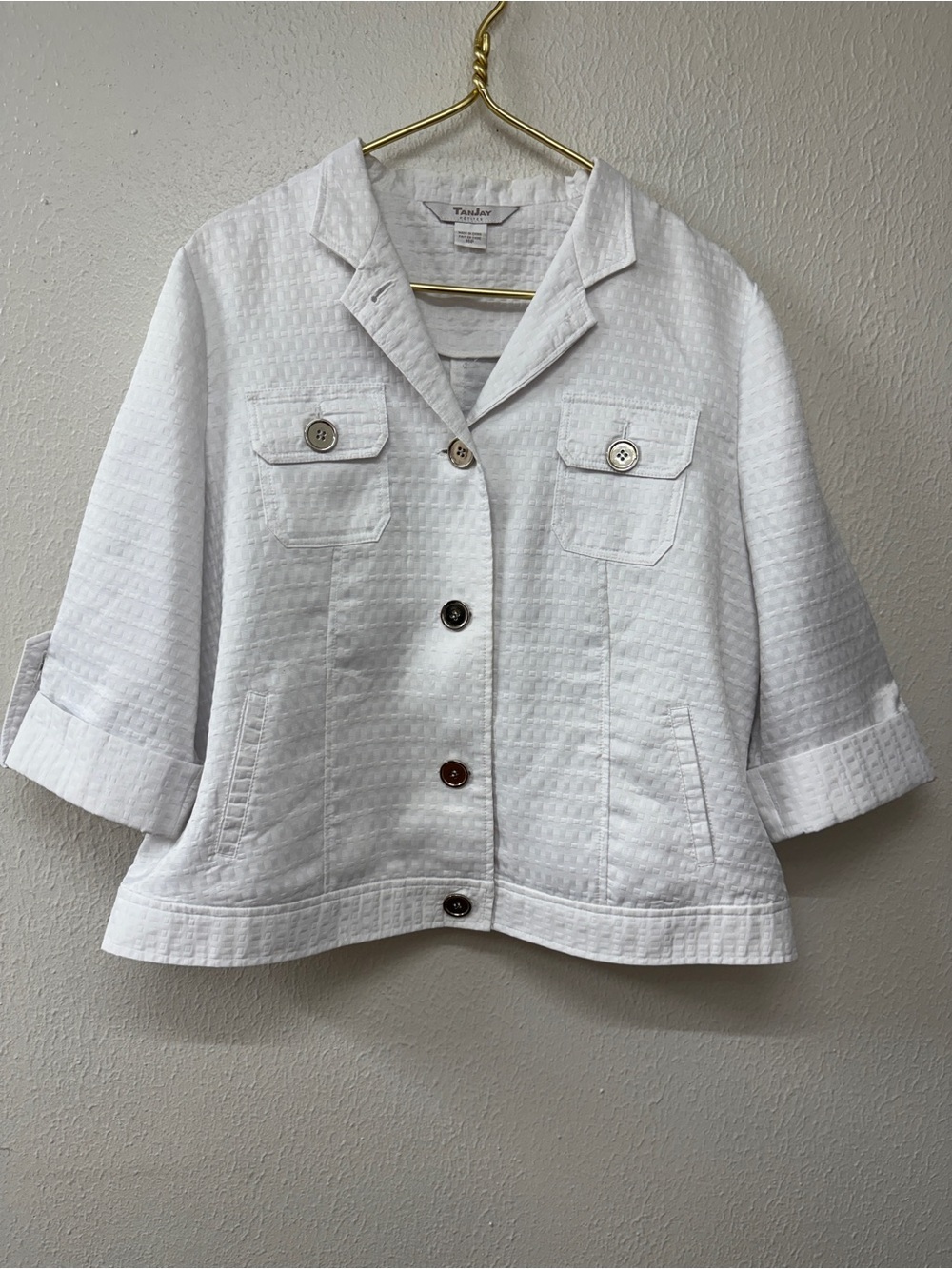 TanJay White Textured Short-Sleeve Blazer Jacket